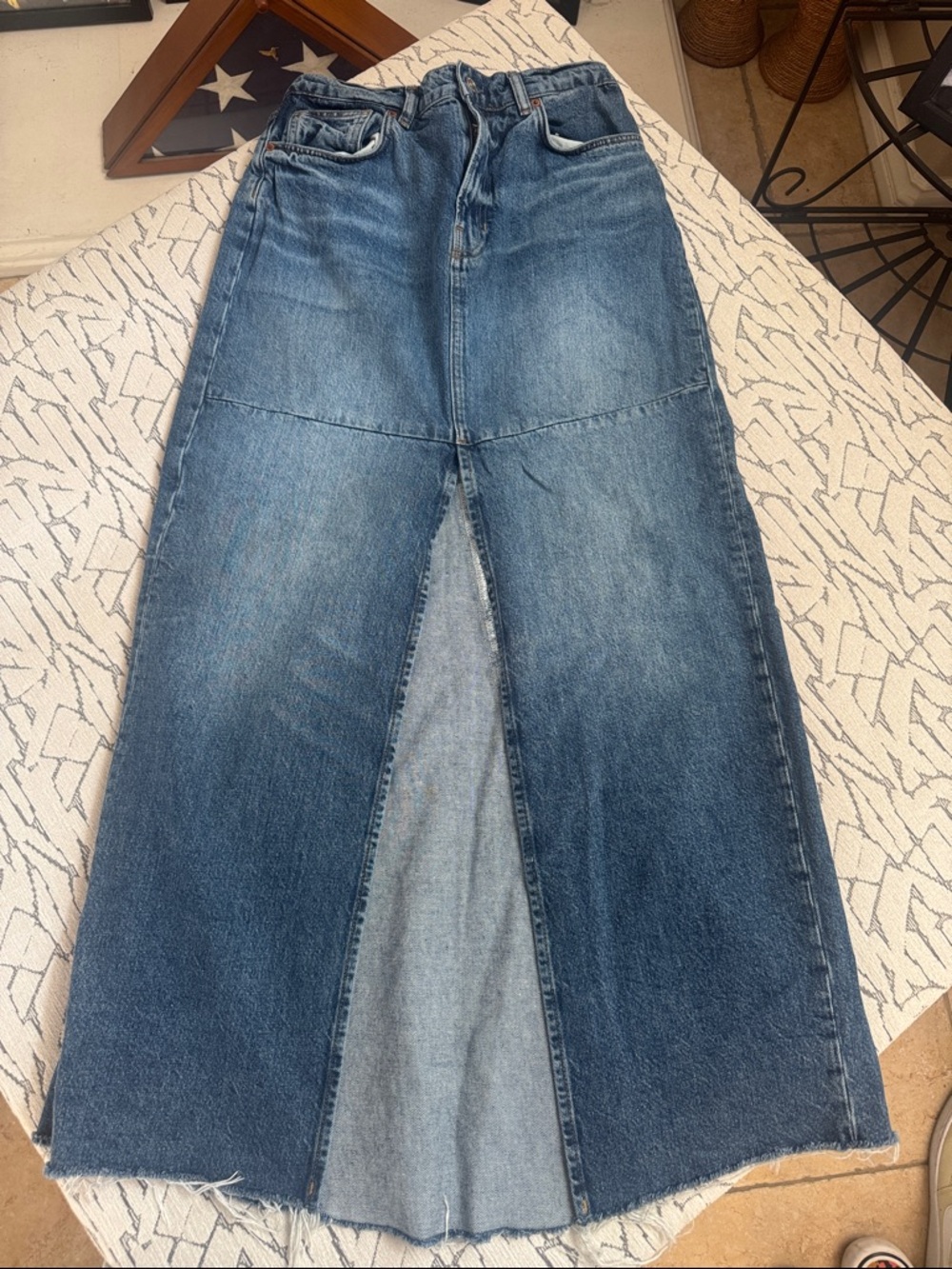 Reformation Blue Denim Maxi Skirt with Front Panel Slit